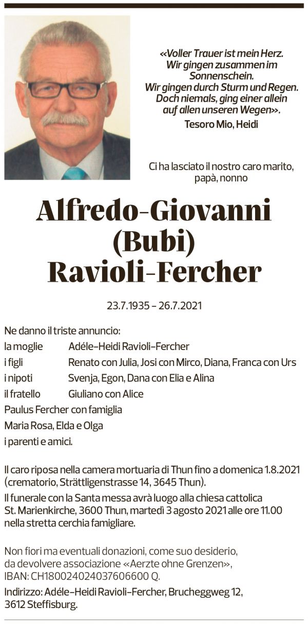 Annuncio funebre Alberto-giovanni Ravioli-fercher