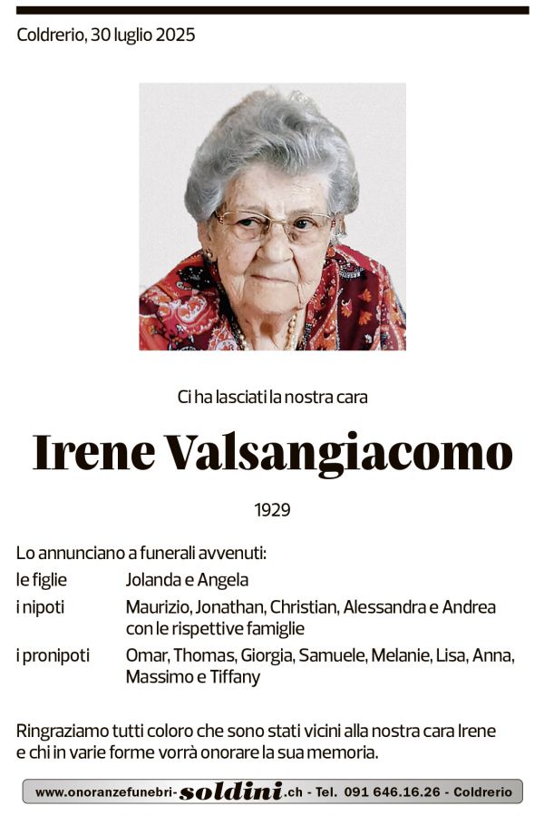 Annuncio funebre Irene Valsangiacomo