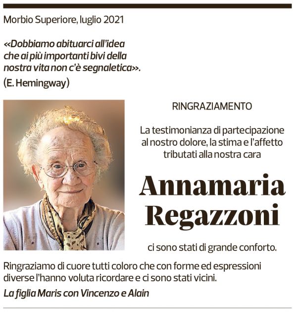 Annuncio funebre Annamaria Regazzoni