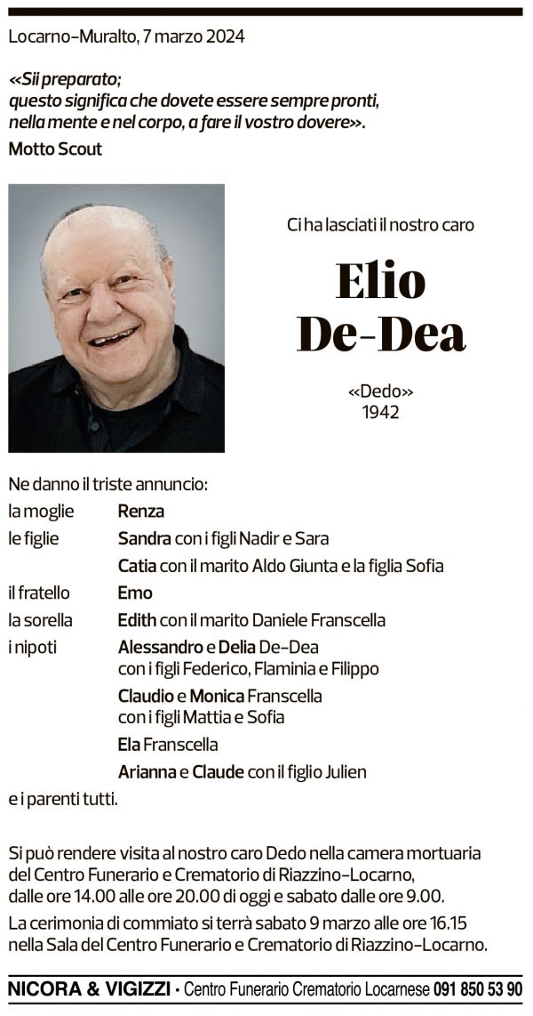 Annuncio funebre Elio De-dea