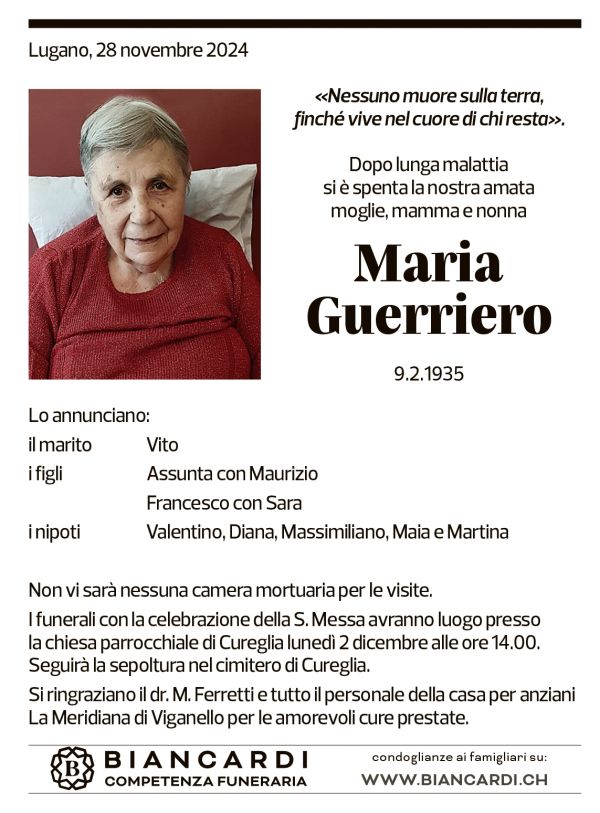 Annuncio funebre Maria Guerriero