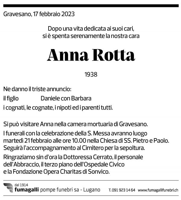 Annuncio funebre Anna Rotta