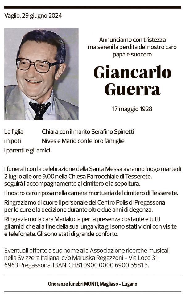 Annuncio funebre Giancarlo Guerra