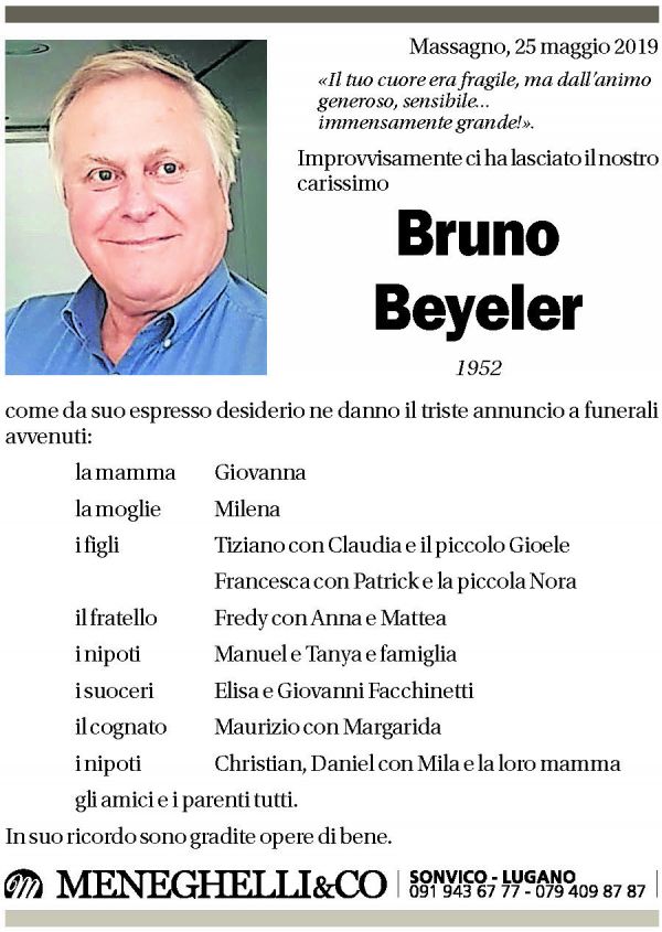 Annuncio funebre Bruno Beyeler