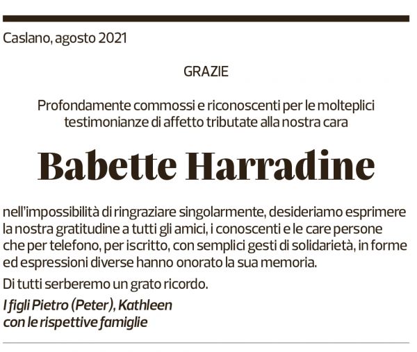 Annuncio funebre Babette Harradine