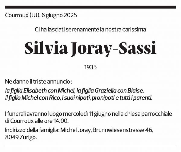 Annuncio funebre Silvia Joray-sassi