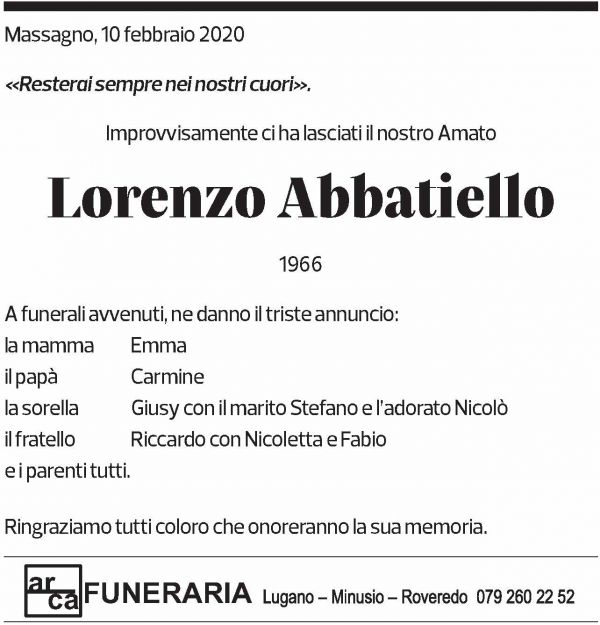 Annuncio funebre Lorenzo Abbatiello
