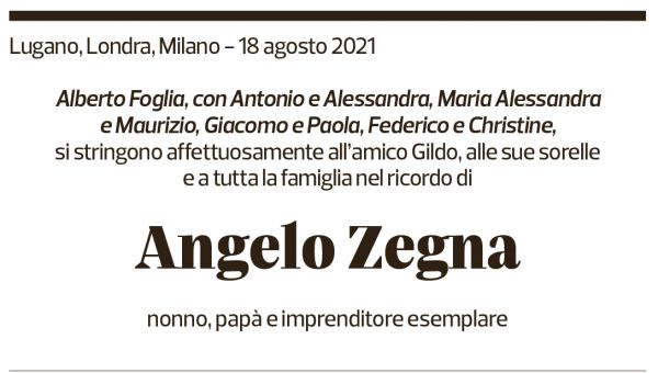 Annuncio funebre Angelo Zegna