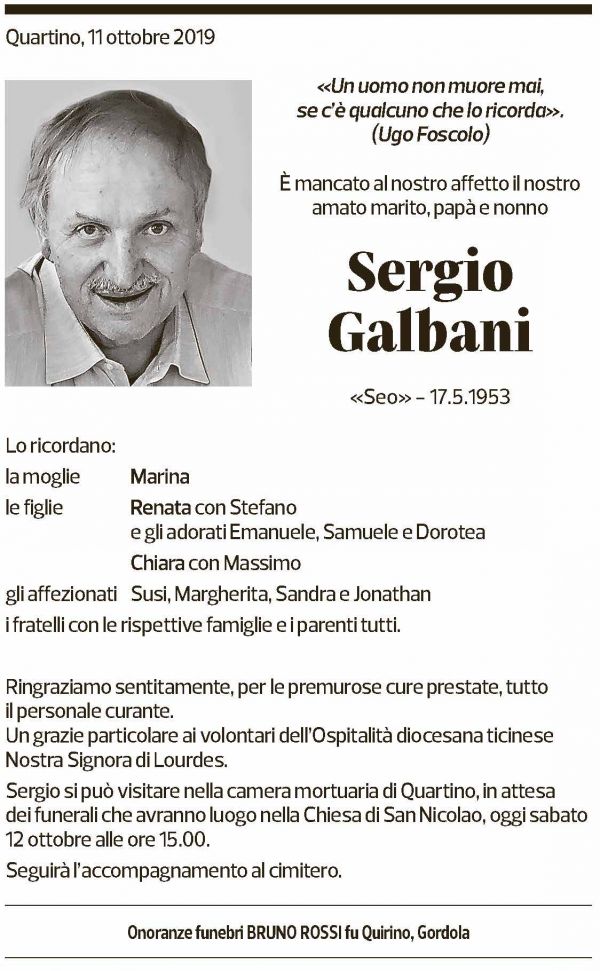 Annuncio funebre Sergio Galbani