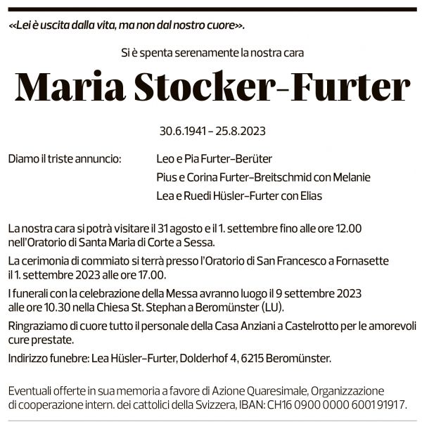 Annuncio funebre Maria Stocker-furter