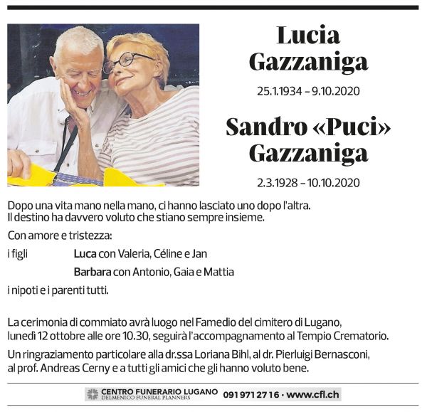 Annuncio funebre Lucia Gazzaniga Sandro Gazzaniga