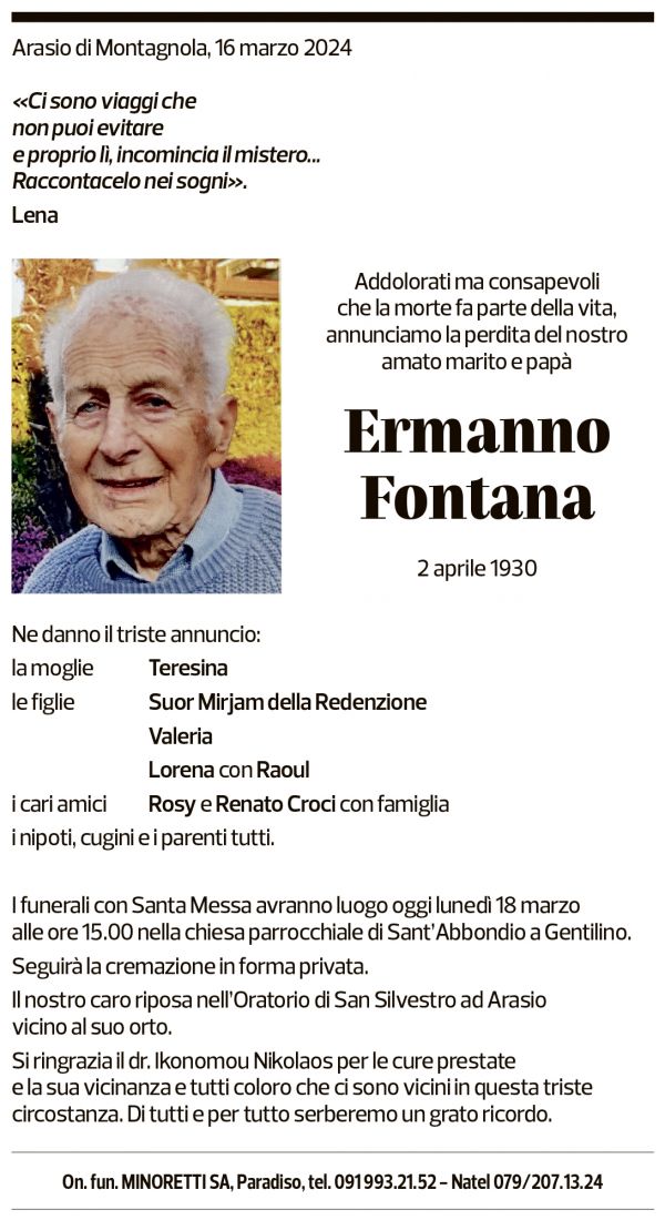 Annuncio funebre Ermanno Fontana