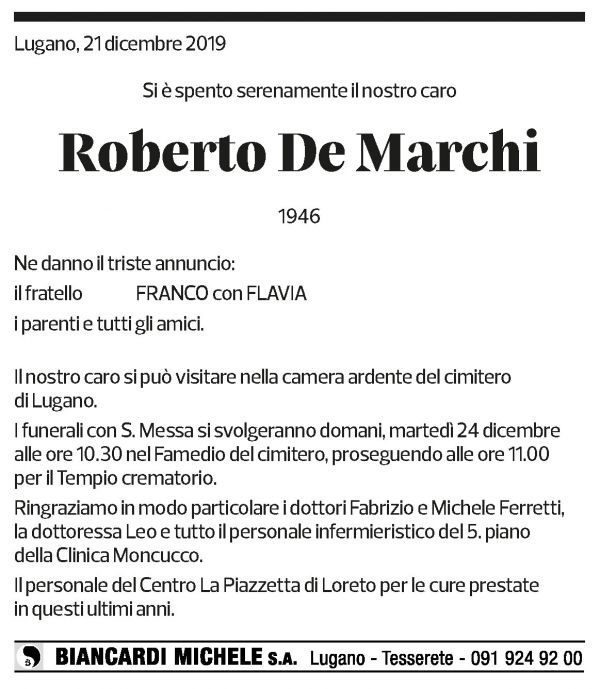 Annuncio funebre Roberto De Marchi