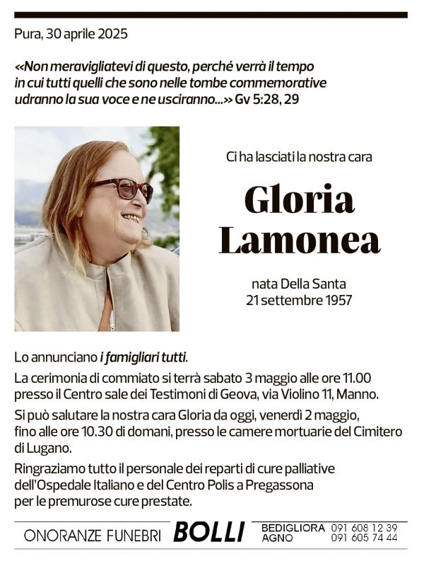 Annuncio funebre Gloria Lamonea