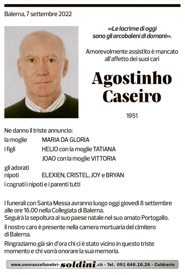 Annuncio funebre Agostinho Caseiro