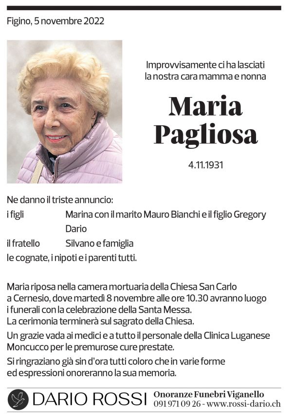 Annuncio funebre Maria Pagliosa