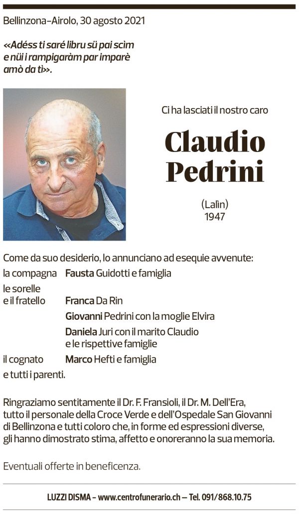 Annuncio funebre Claudio Pedrini