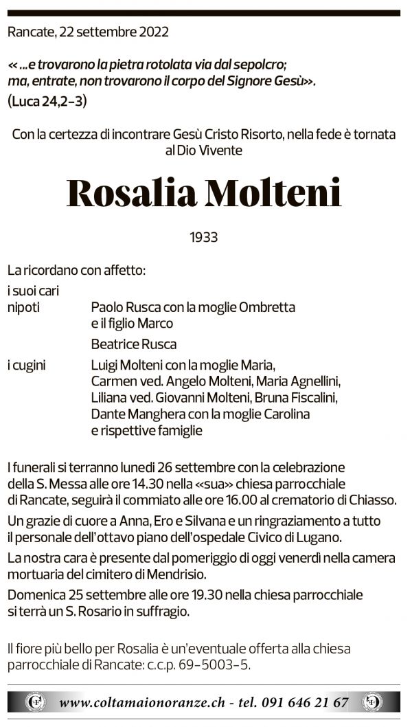 Annuncio funebre Rosalia Molteni