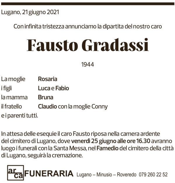 Annuncio funebre Fausto Gradassi