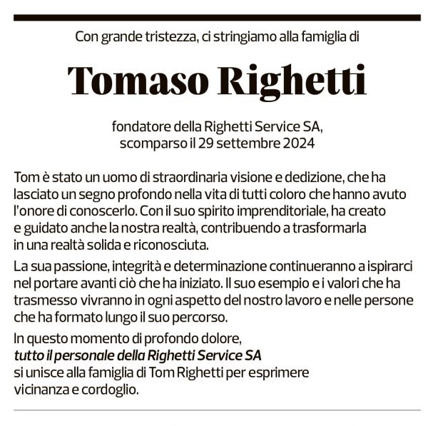 Annuncio funebre Tomaso Righetti