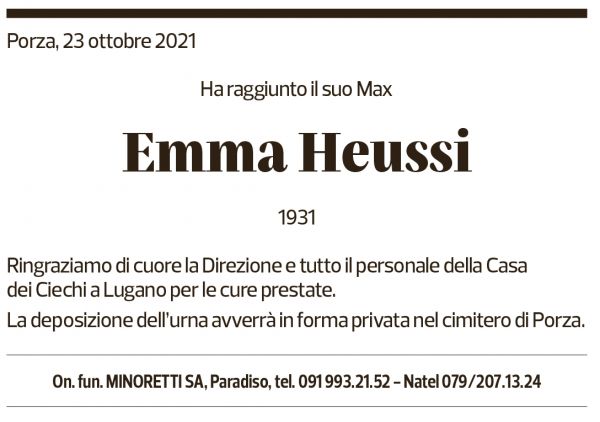 Annuncio funebre Emma Heussi