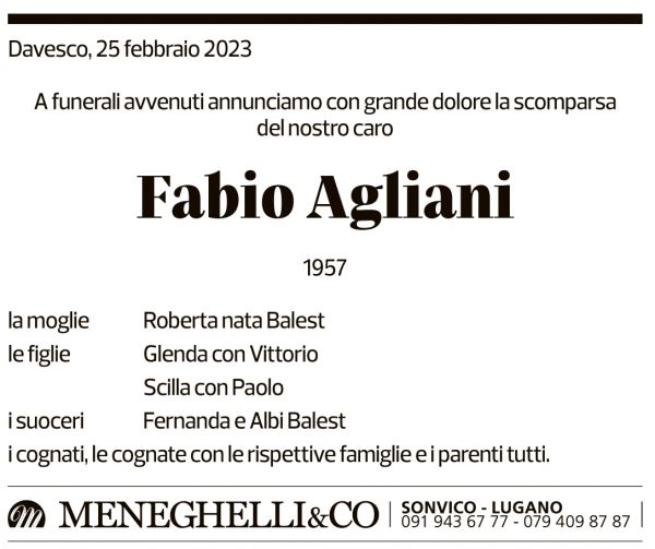 Annuncio funebre Fabio Agliani