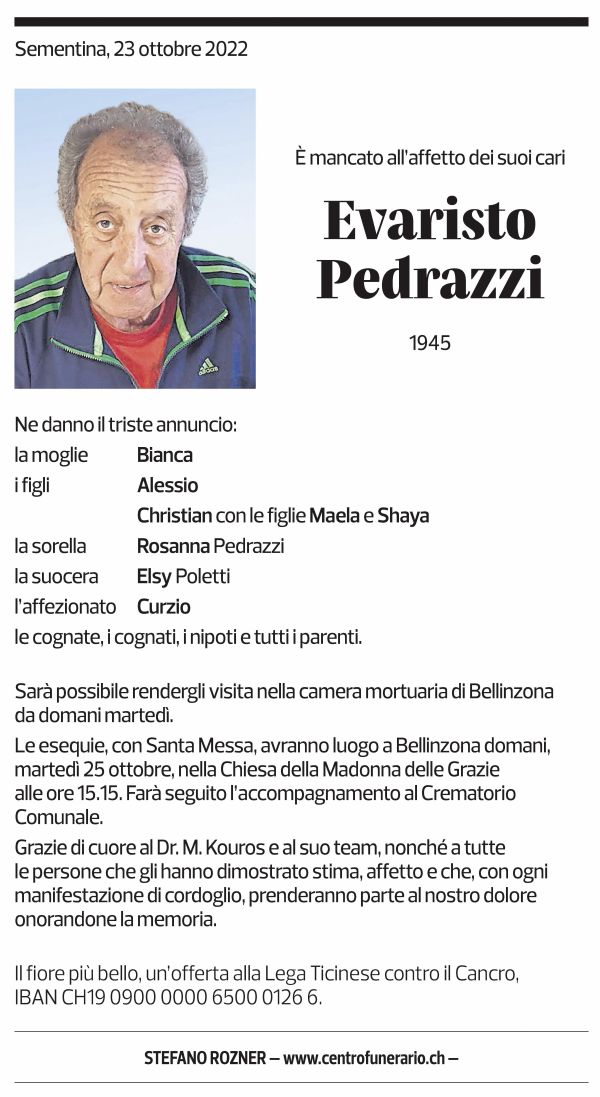 Annuncio funebre Evaristo Pedrazzi