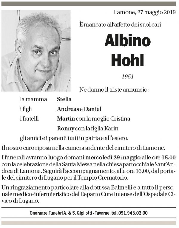Annuncio funebre Albino Hohl