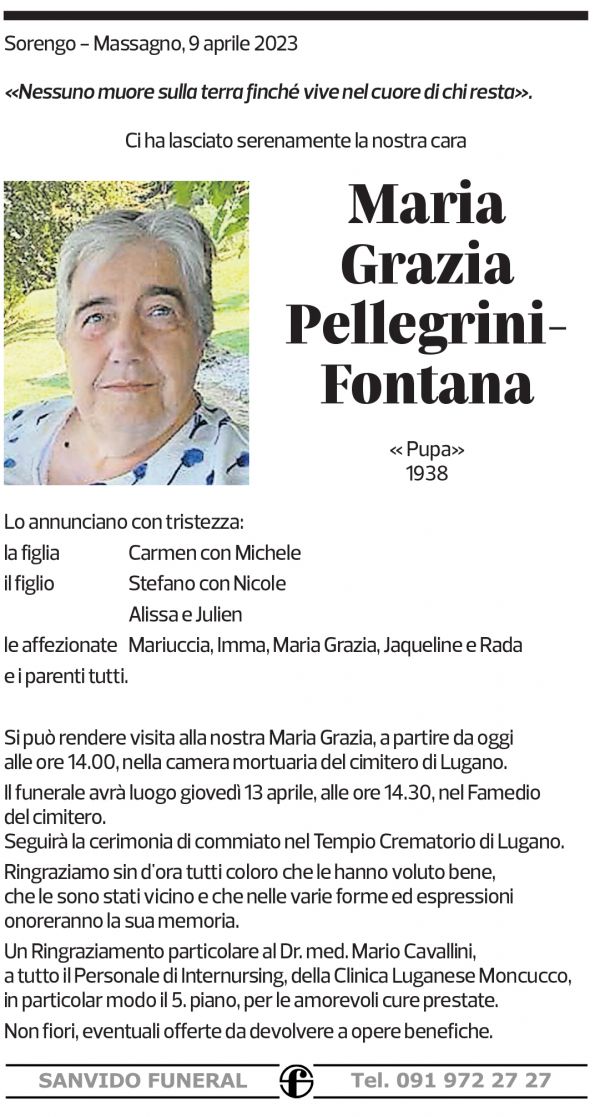 Annuncio funebre Maria Grazia Pellegrini-fontana