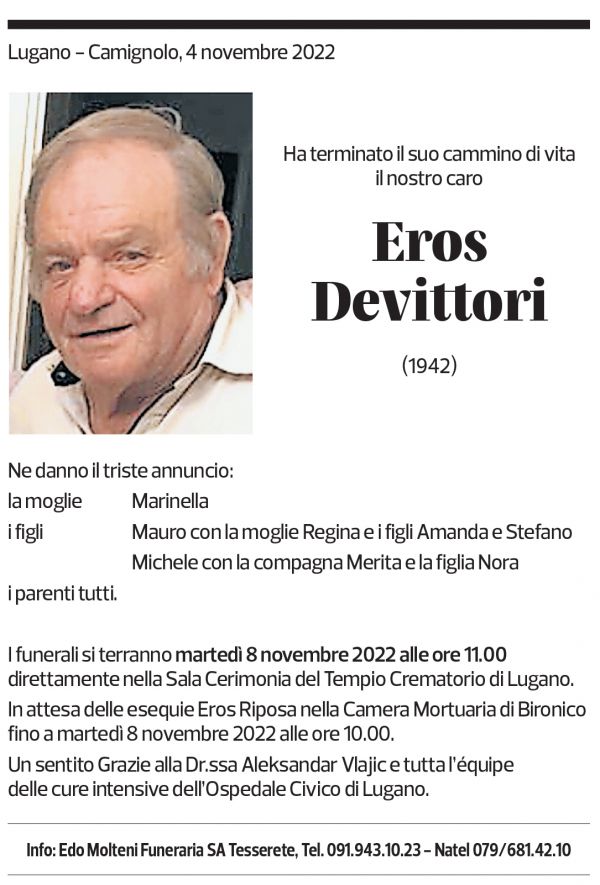 Annuncio funebre Eros Devittori