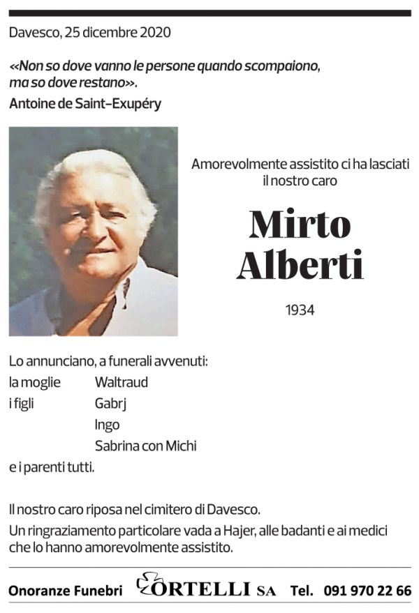 Annuncio funebre Mirto Alberti