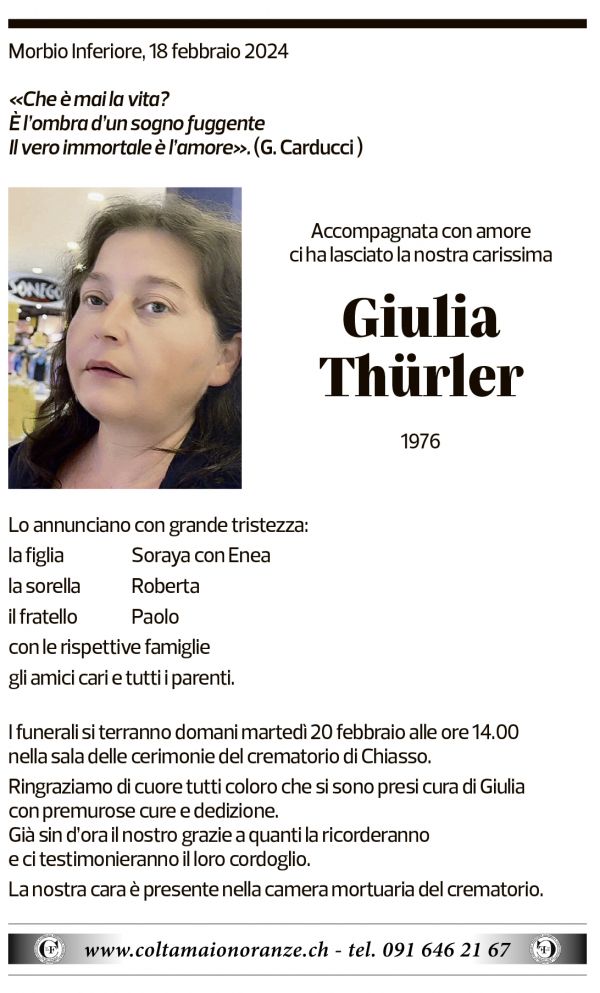 Annuncio funebre Giulia Thürler