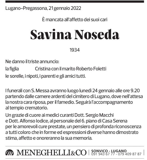 Annuncio funebre Savina Noseda