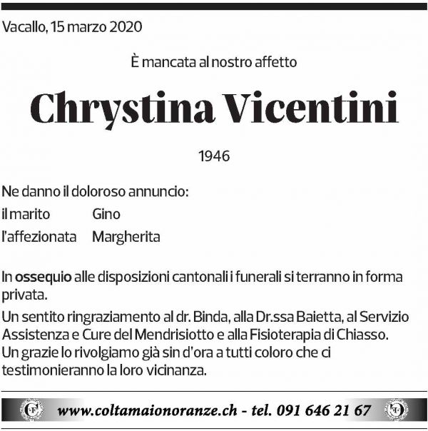 Annuncio funebre Chrystina Vicentini