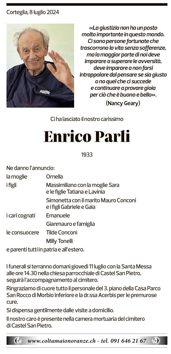 Annuncio funebre Enrico Parli