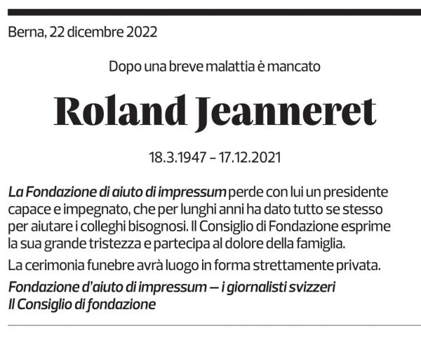 Annuncio funebre Roland Jeanneret