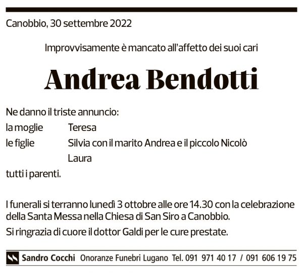 Annuncio funebre Andrea Bendotti