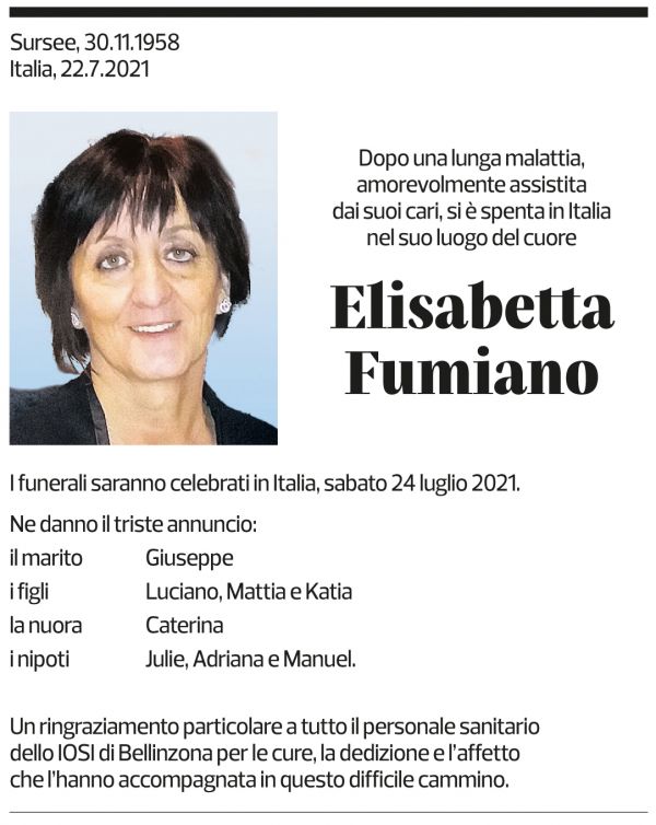 Annuncio funebre Elisabetta Fumiano