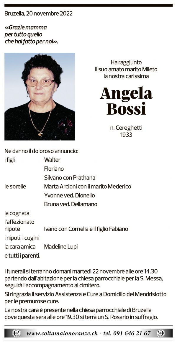 Annuncio funebre Angela Bossi