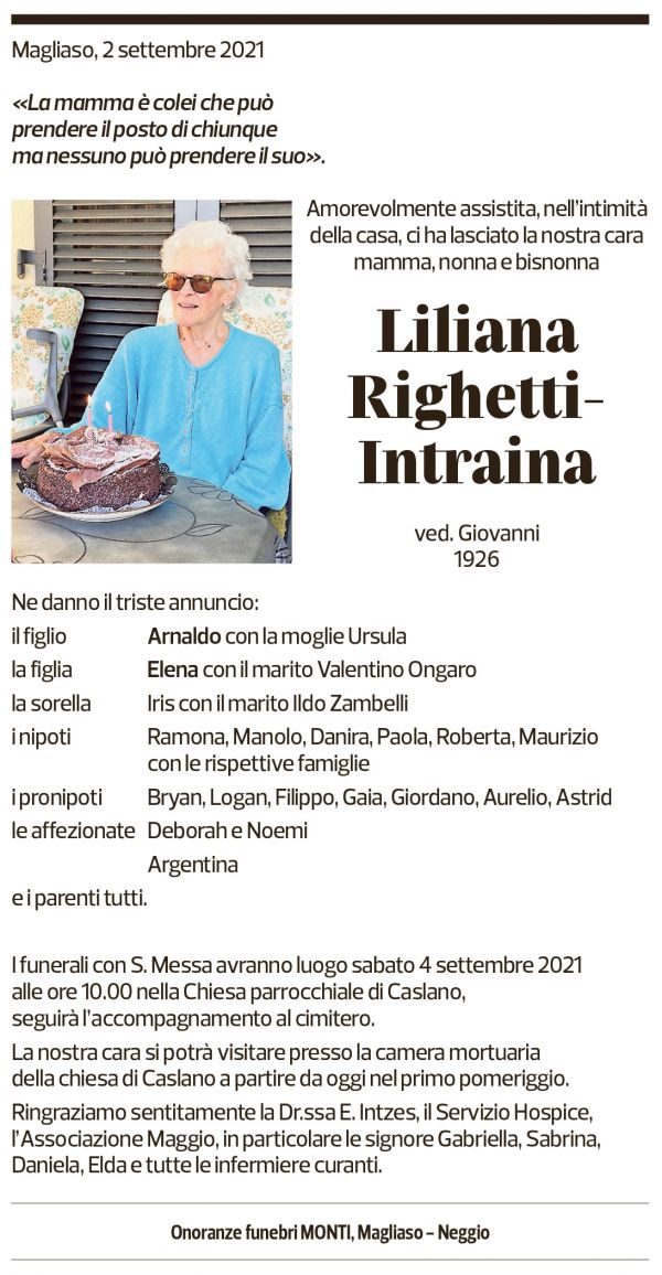 Annuncio funebre Liliana Righetti-intraina