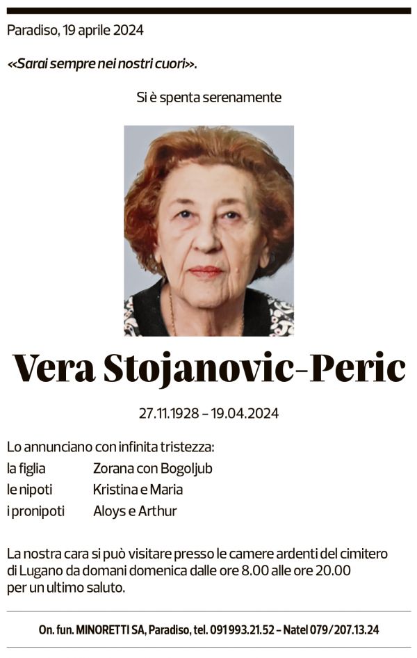 Annuncio funebre Vera Stojanovic-peric