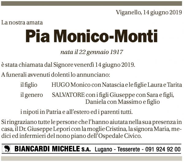 Annuncio funebre Pia Monico - Monti