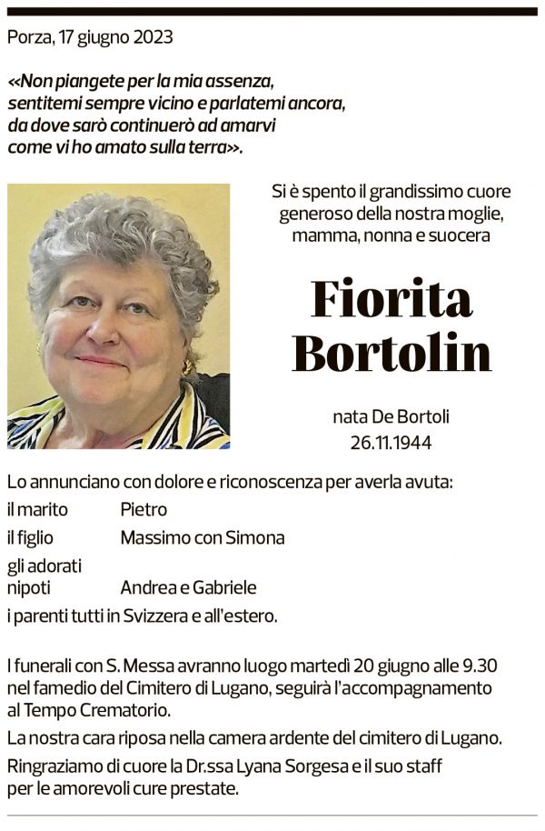 Annuncio funebre Fiorita Bortolin