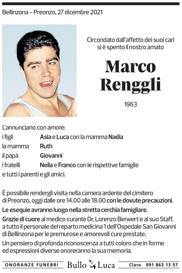 Annuncio funebre Marco Renggli