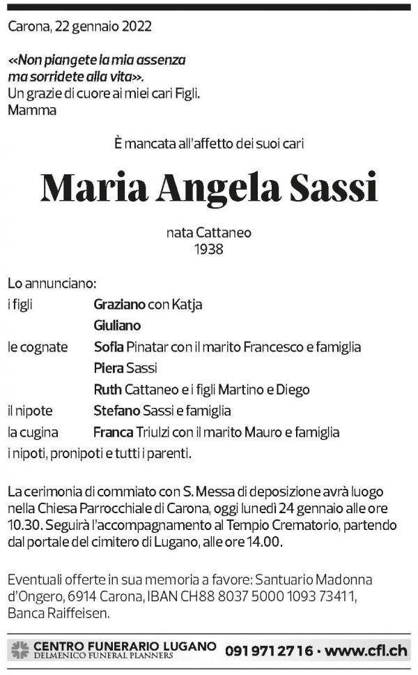 Annuncio funebre Maria Angela Sassi