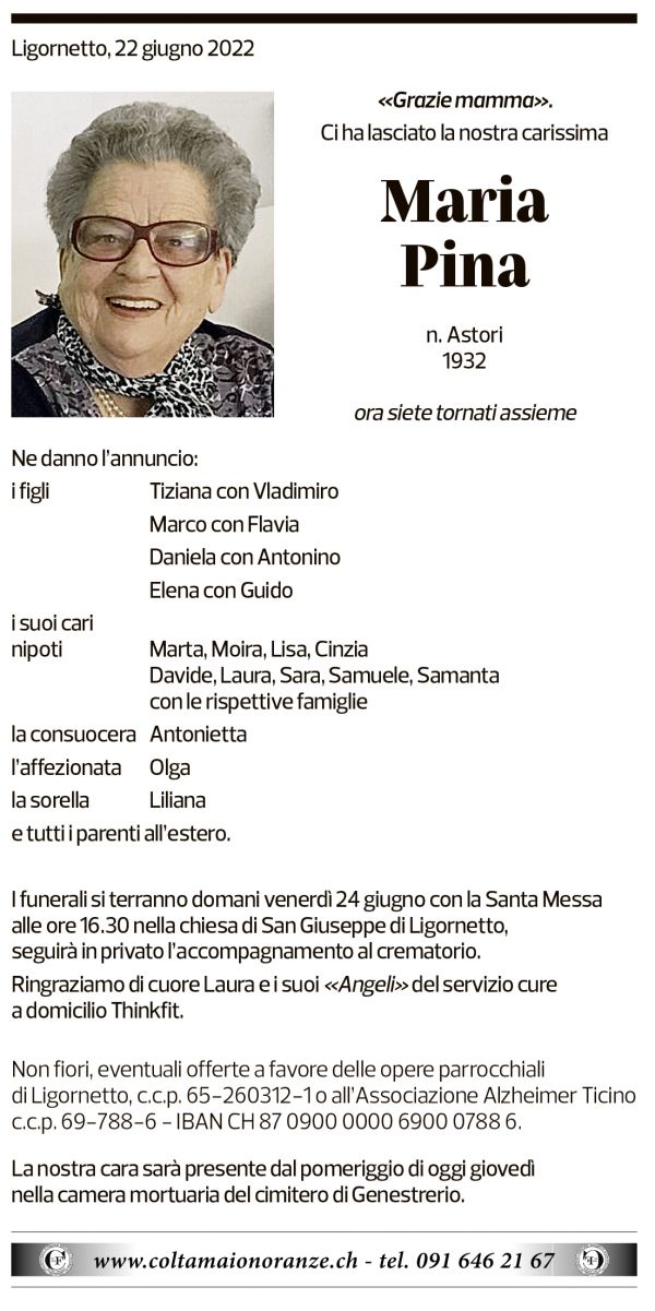 Annuncio funebre Maria Pina