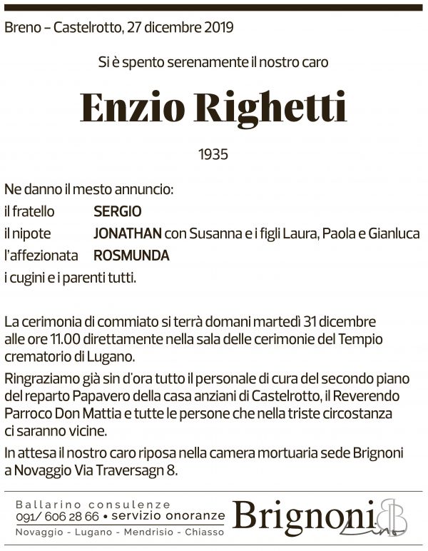 Annuncio funebre Enzio Righetti