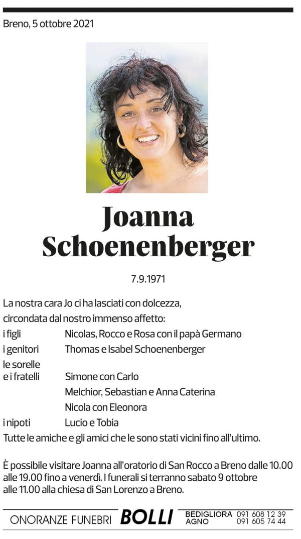 Annuncio funebre Joanna Schoenenberger