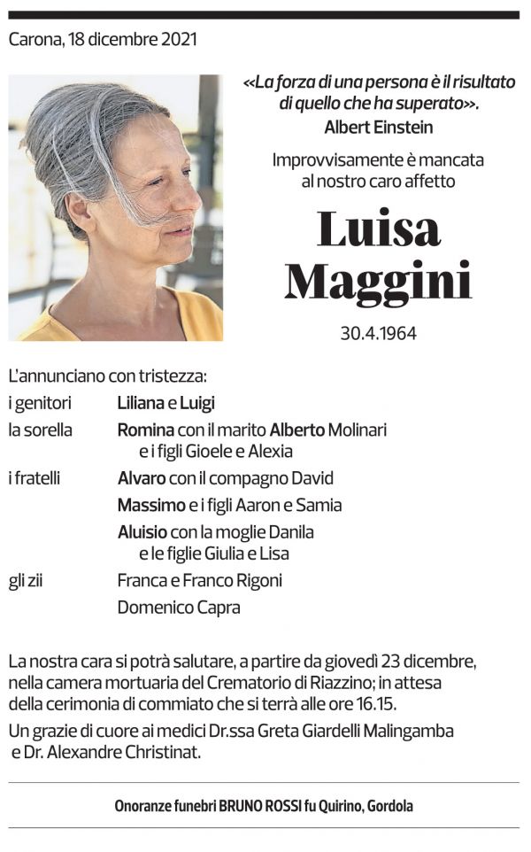 Annuncio funebre Luisa Maggini