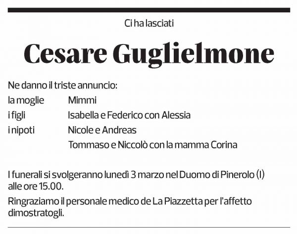 Annuncio funebre Cesare Guglielmone